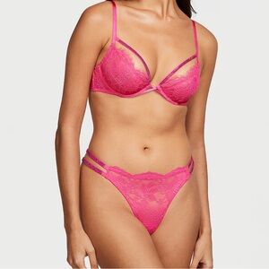 Shine Strappy Unlined Lace Low-Cut Demi Bra and crotch less thong
